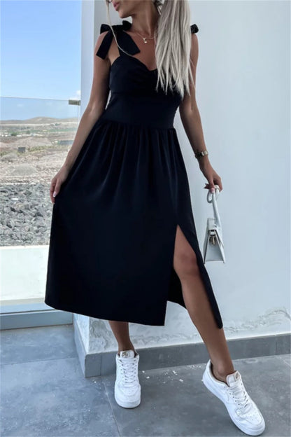 Color Print Backless Slit Belted Spaghetti Strap Sleeveless Dresses(7 Colors)