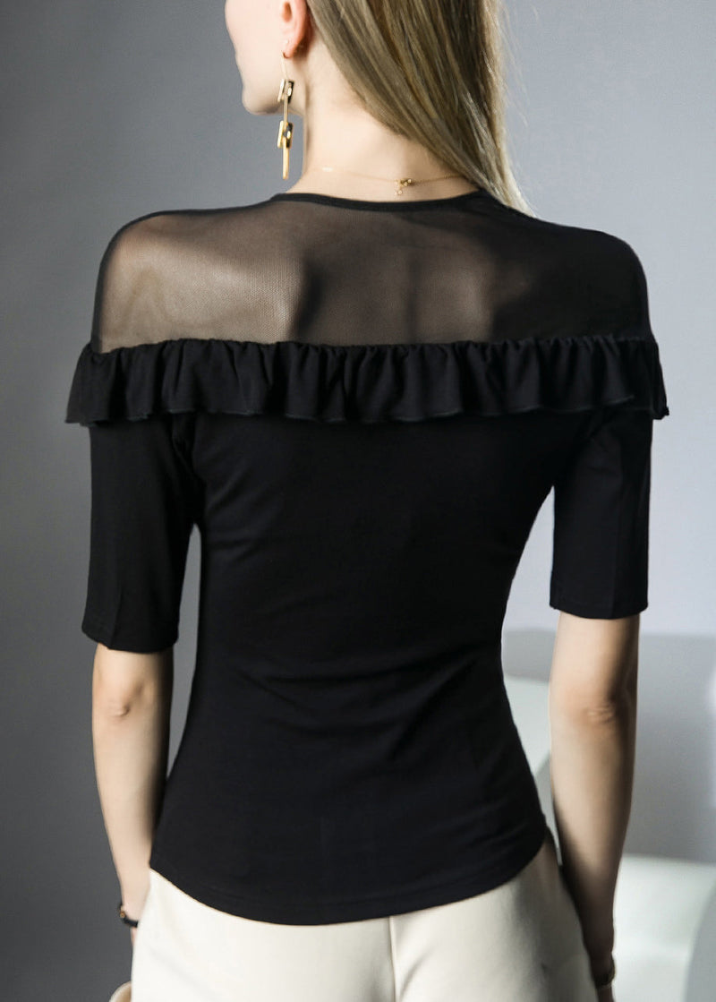 Italian White V Neck Ruffled Patchwork Tulle Top Summer