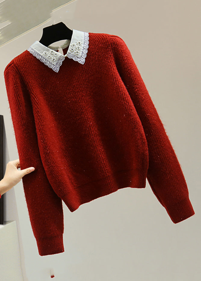 Red Peter Pan Collar Nail Bead Cotton Knit Sweater Winter