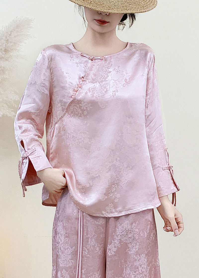 Chinese Style Pink Jacquard Silk Oriental Shirts Spring