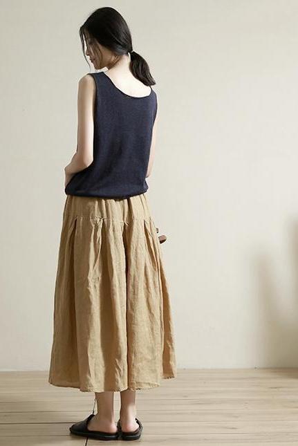 Khaki Linen Wide-leg Pants Summer Loose Trousers