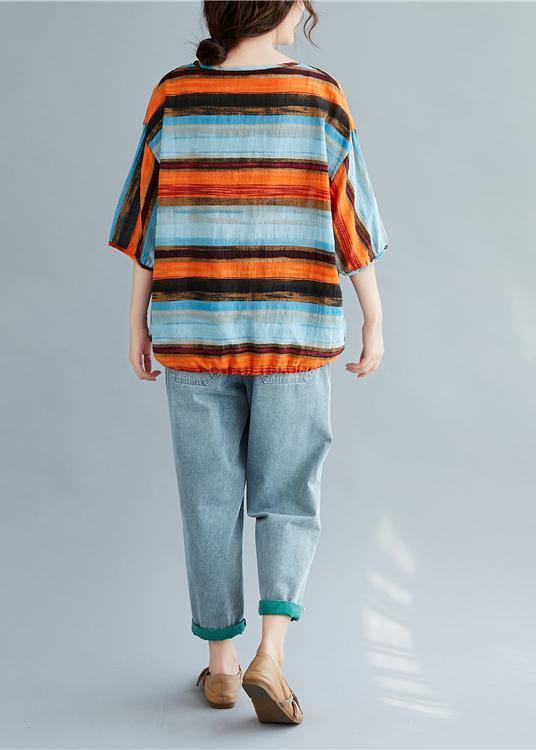 Simple Striped Linen Cotton Clothes Work Drawstring Summer Shirt