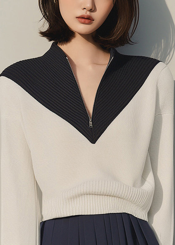 Apricot Zip Up Patchwork Knit Sweaters Winter
