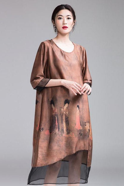 Coffee Quilted Loose Dresses