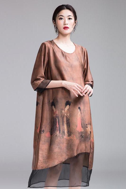 Coffee Quilted Loose Dresses