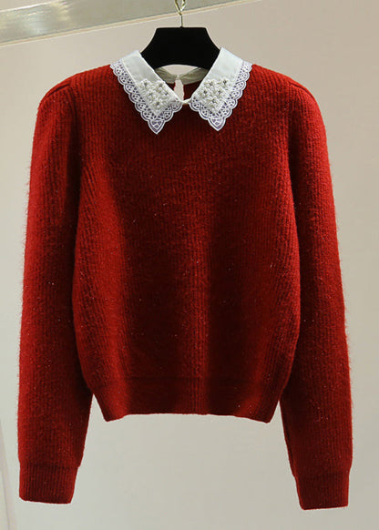 Red Peter Pan Collar Nail Bead Cotton Knit Sweater Winter
