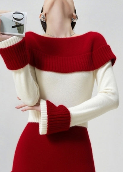 Colorblock Slash Neck Patchwork Knit Sweater and Skirt Two Pieces Set Fall