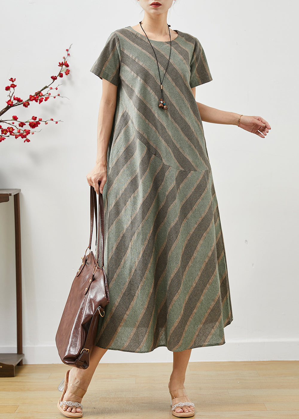 Green Striped Patchwork Cotton Long Dress Summer