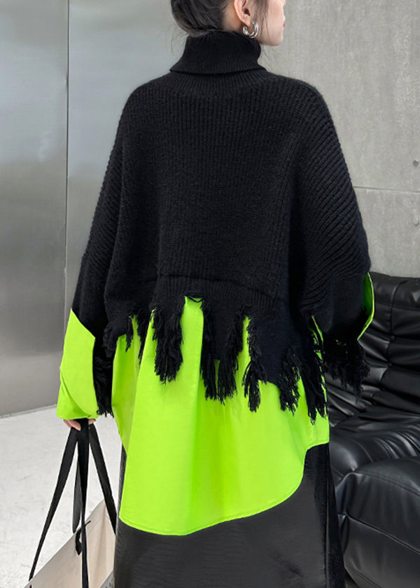 Black Green Hign Neck Asymmetrical Patchwork Knit Sweaters Fall