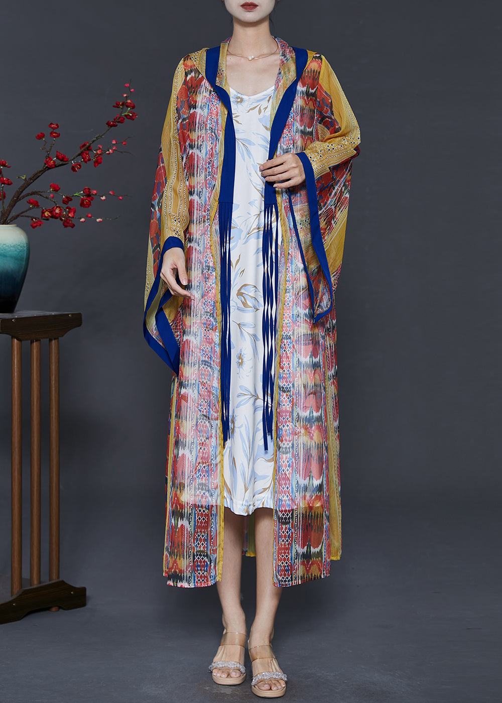 Yellow Hooded Print Chiffon Upf 50+ Cardigan Summer