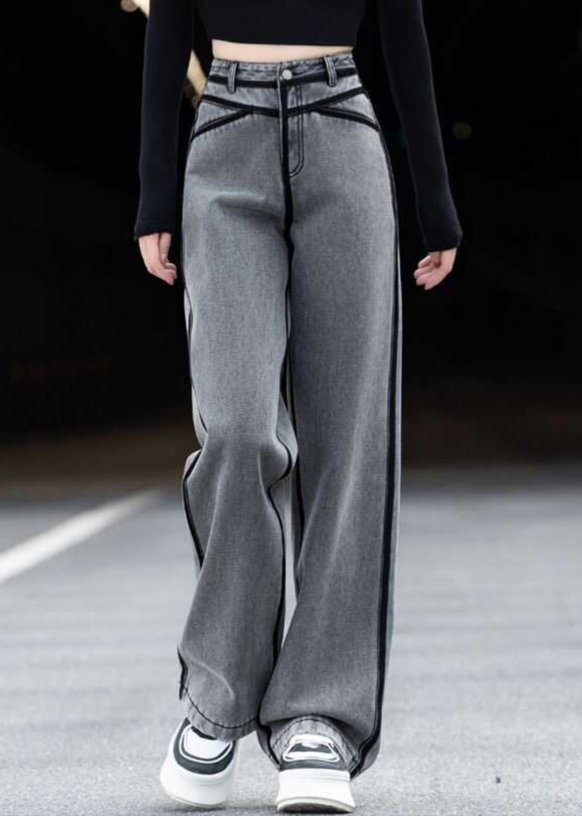 New Grey Pockets Striped Patchwork Denim Pants Spring