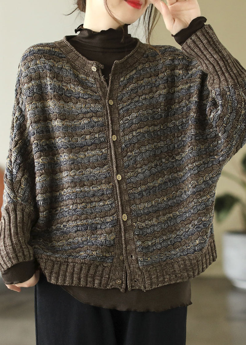 Fine Green O-neck Print Button Cotton Knit Sweaters Coats Long Sleeve