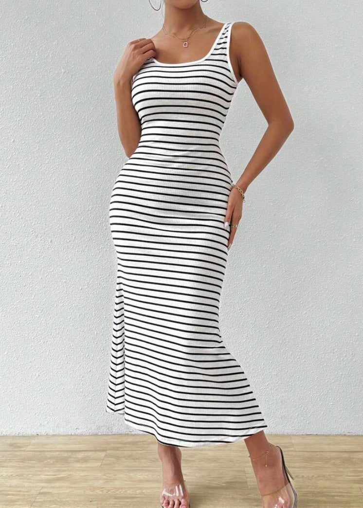 Slim Fit U Neck Striped Cotton Long Dress Sleeveless