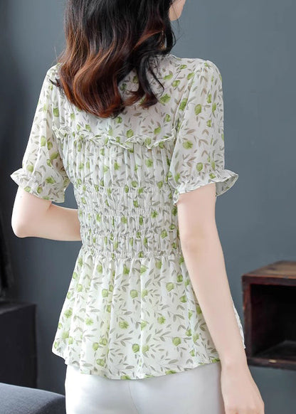 Stylish Green O-neck Ruffled Print Chiffon Shirts Summer