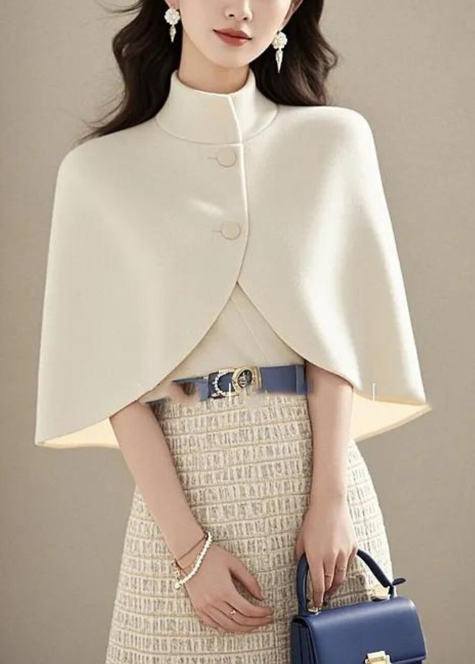 White Stand Collar Woolen Jackets Cloak Sleeves