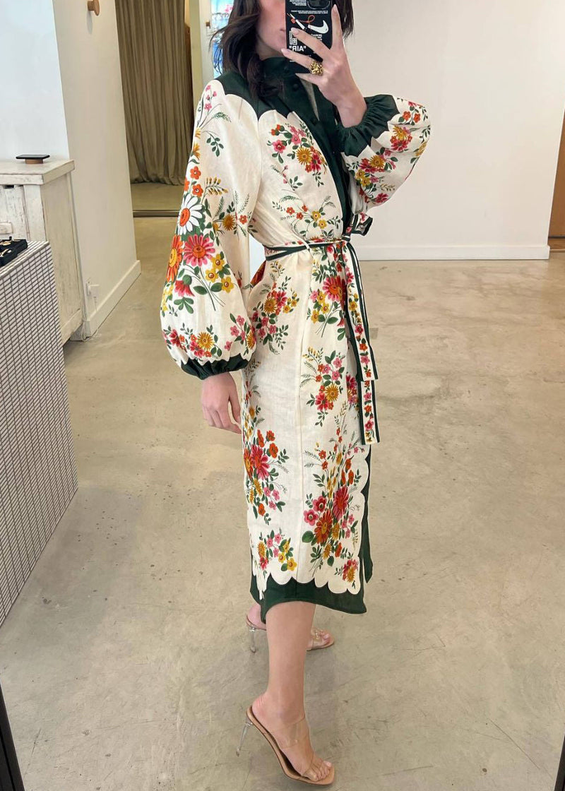 White Print Pockets Tie Waist Linen Shirts Dresses Long Sleeve