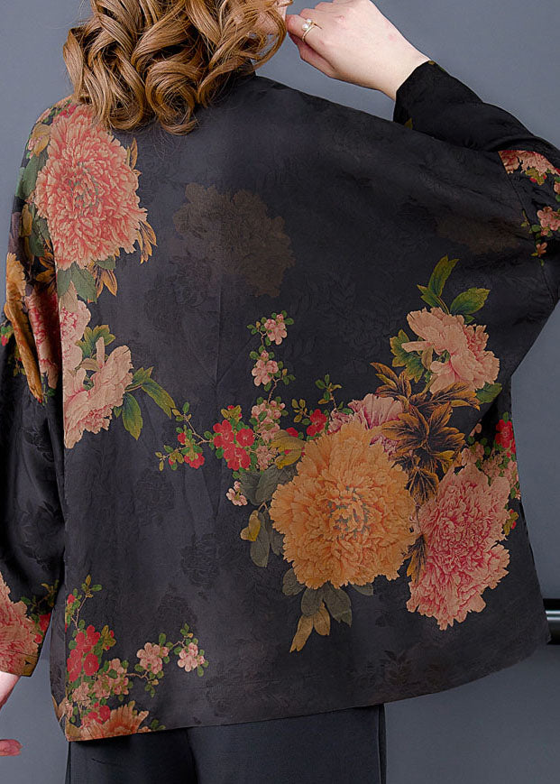 Original Black Mandarin Collar Button Print Silk Coats Long Sleeve