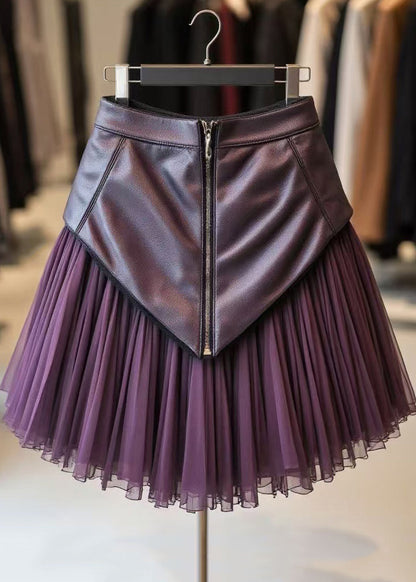 Purple Zippered Wrinkled Tulle Patchwork Skirts Spring