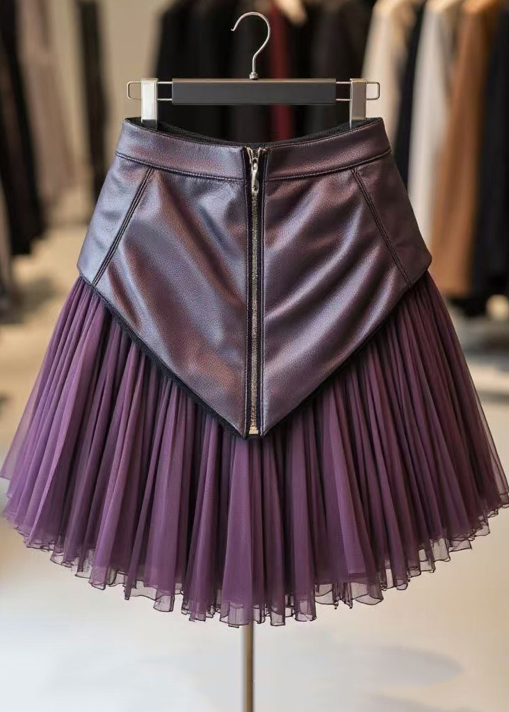 Purple Zippered Wrinkled Tulle Patchwork Skirts Spring