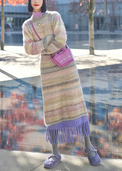 Striped O-neck Tassel Patchwork Ma Hai Mao Knit Dress Winter
