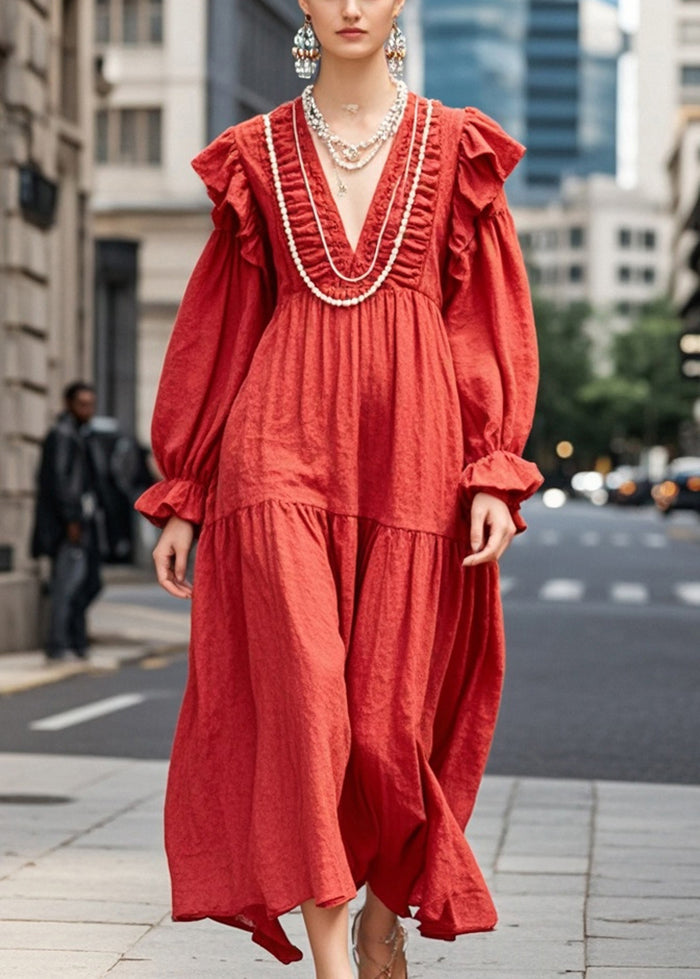 Red Oversized Ruffles Cotton Maxi Dresses Fall