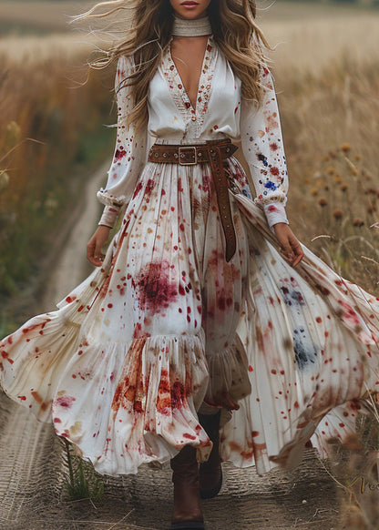 V Neck Print Wrinkled Patchwork Cotton Dresses Long Sleeve