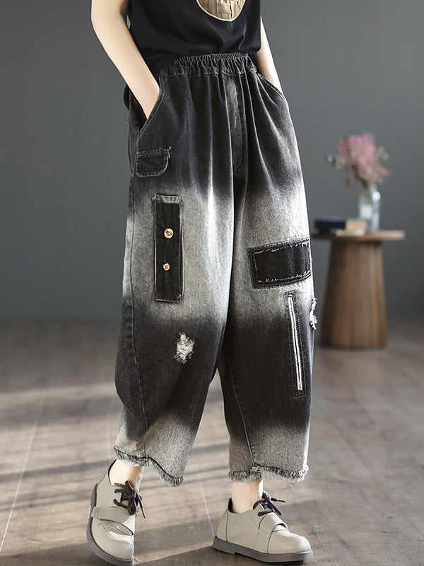Hollow Elasticity Applique Denim Ninth Pants
