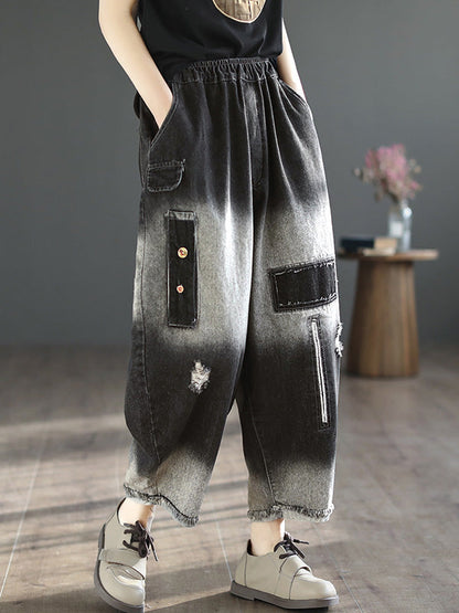 Hollow Elasticity Applique Denim Ninth Pants