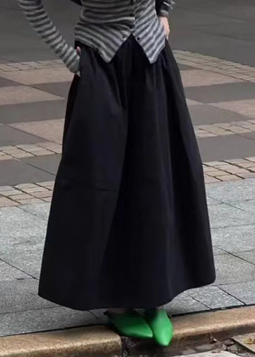 Art Black Pockets Elastic Waist Cotton Skirt Fall