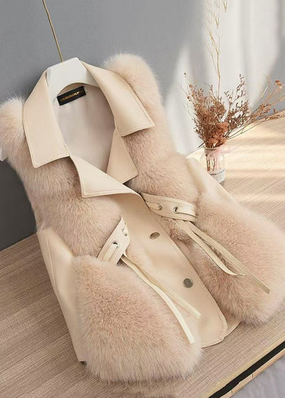 Faux Fox Fur Patchwork Faux Leather Vest Tops Winter
