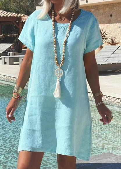 Loose Blue O-neck Cotton Mid Dress Summer