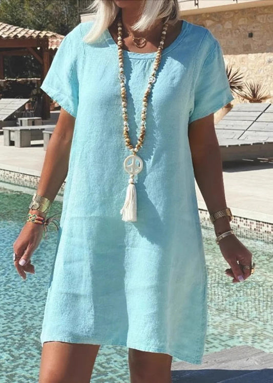 Loose Blue O-neck Cotton Mid Dress Summer