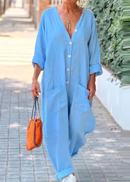 Blue V Neck Button Pockets Cotton Jumpsuits Summer