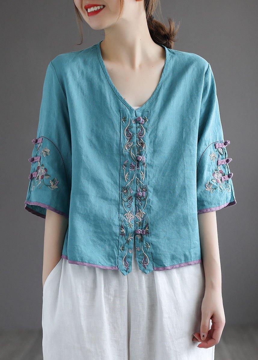 Purple Retro O-neck Oriental Summer Blouses Half Sleeve
