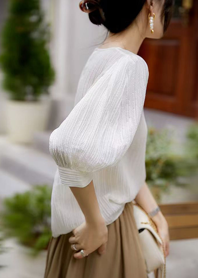 Simple White Wrinkled Silk T Shirt Lantern Sleeve