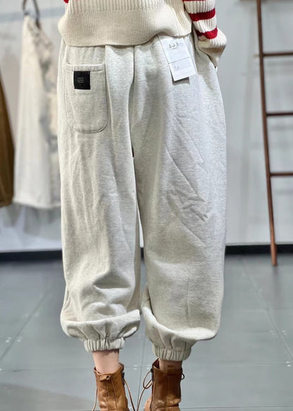 Beige Pockets Elastic Waist Warm Fleece Sport Pants Fall
