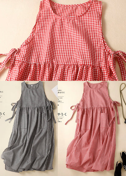 Black Plaid Linen Party Dress O-neck Lace Up Wrinkled Sleeveless
