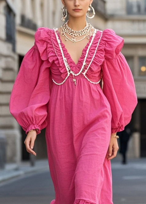 Rose Ruffled Nail Bead Cotton Vacation Dresses Fall