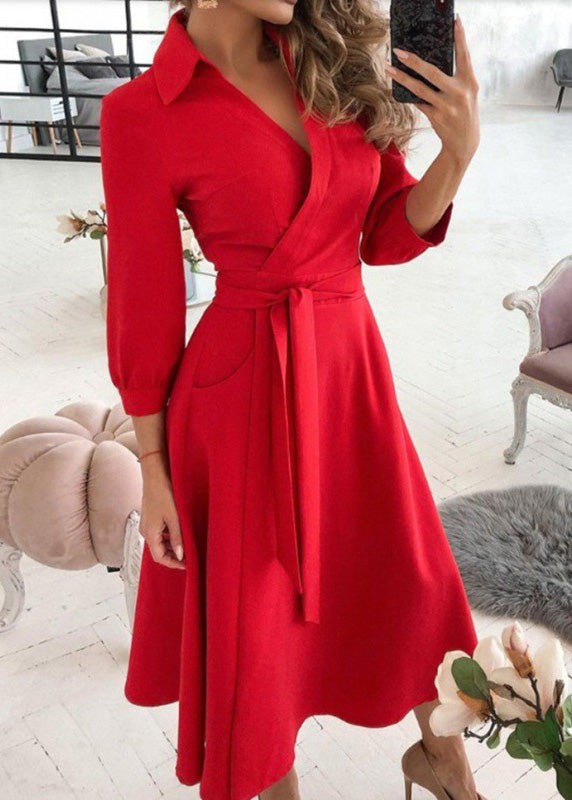 Classy Apricot V Neck Tie Waist Cotton Dress Long Sleeve