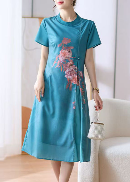 New Blue O-neck Print Button Cotton Dress Summer