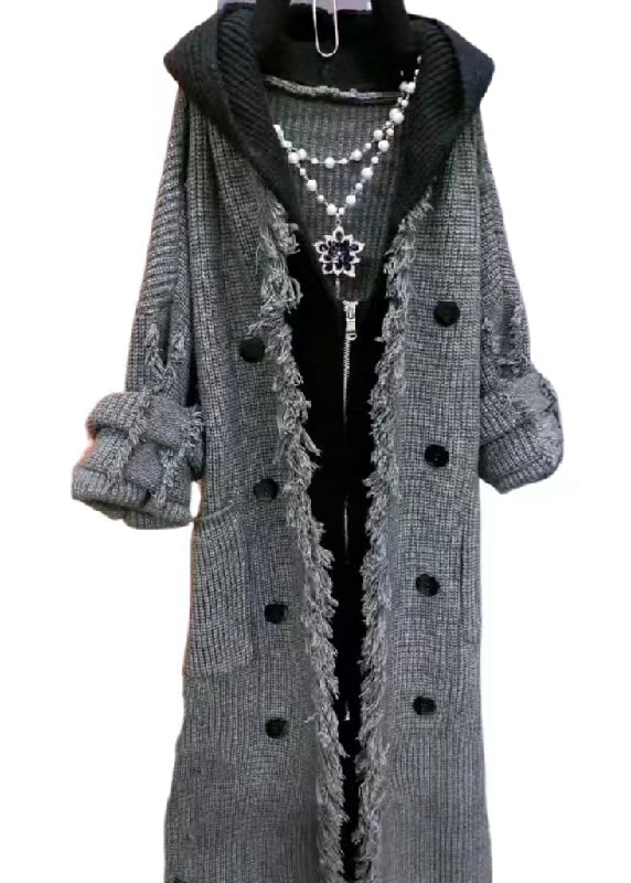 Beige Tasseled Patchwork Knit Hooded Coat Fall