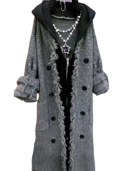 Beige Tasseled Patchwork Knit Hooded Coat Fall