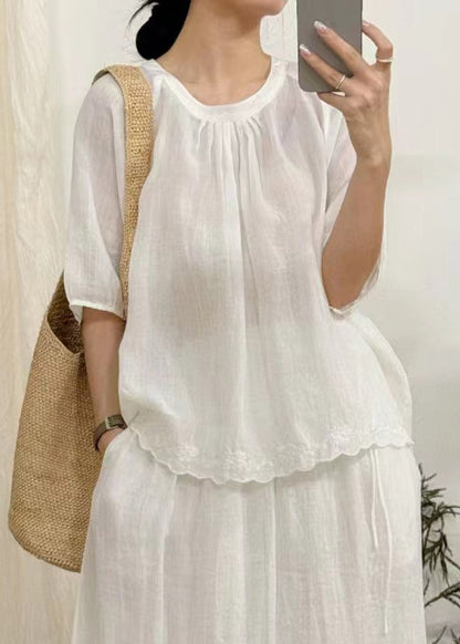 Art Green Wrinkled Lace Linen Blouse Half Sleeve