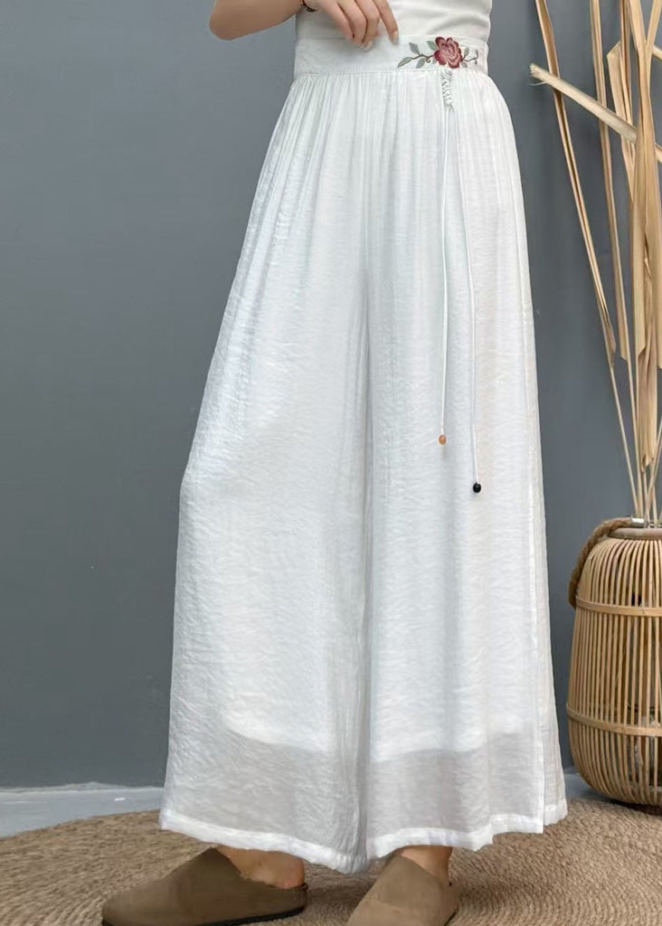 White Embroidered Side Open Linen Wide Leg Pants Summer