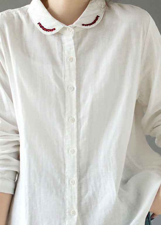 Natural White Peter Pan Collar Embroidered Cotton Shirt Tops Long Sleeve