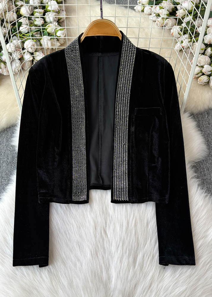Boutique Black Patchwork Zircon Cardigans and Wide Leg Pants Two Pieces Set Spring