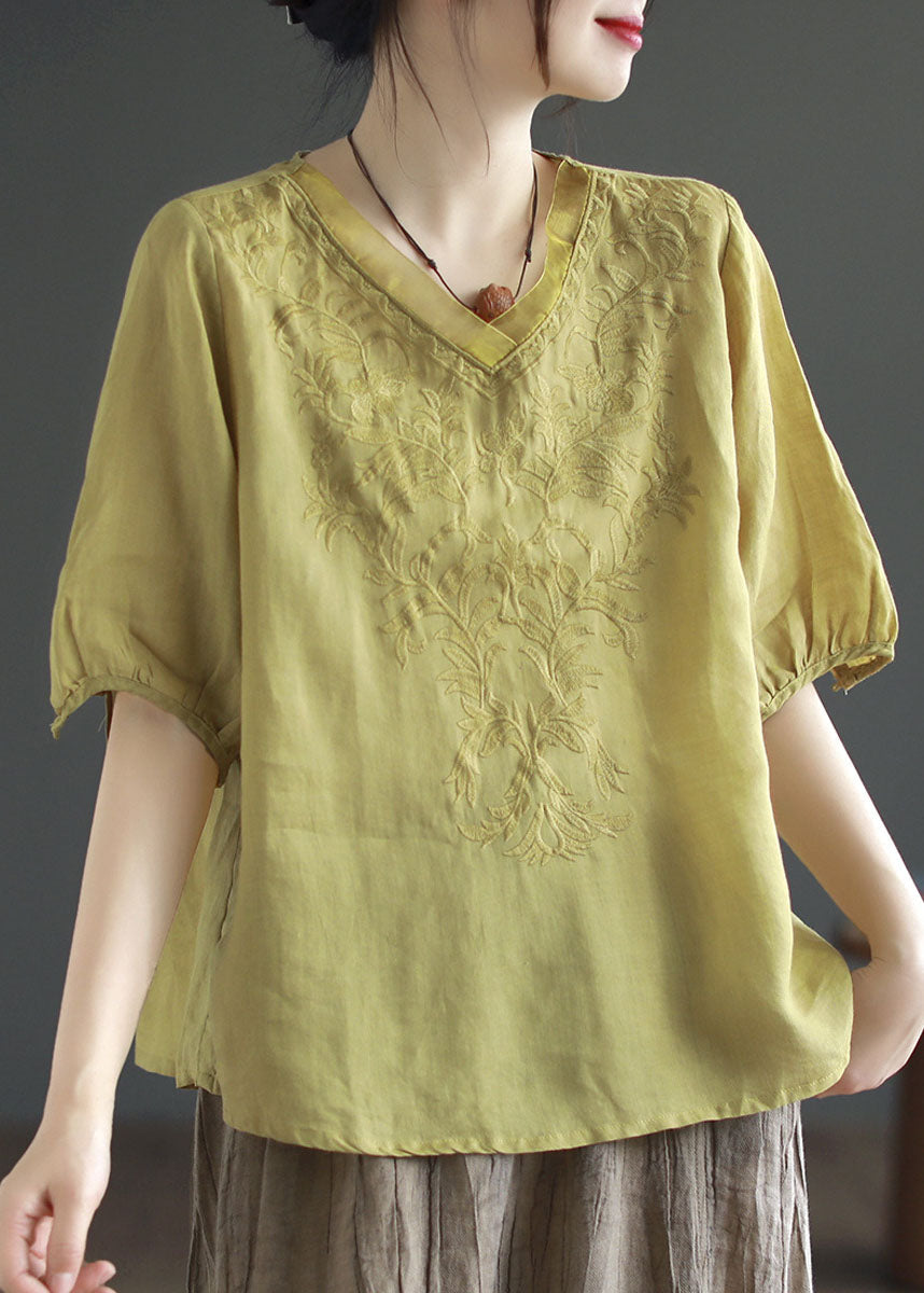 Green Patchwork Linen T Shirt Top V Neck Embroidered Summer