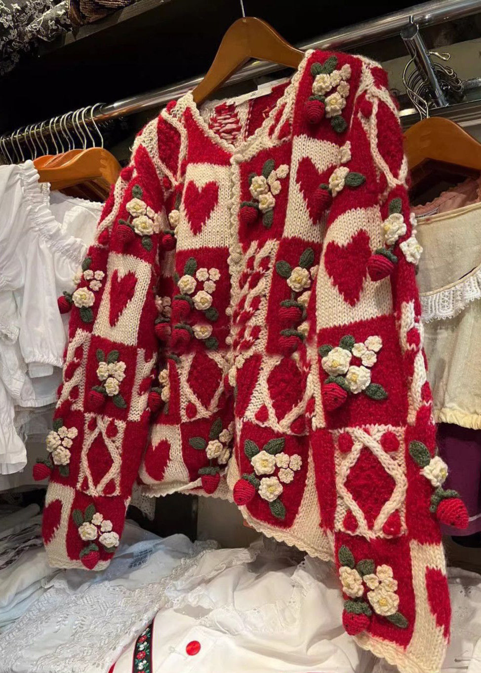 Red O Neck Button Patchwork Knit Cardigan Long Sleeve