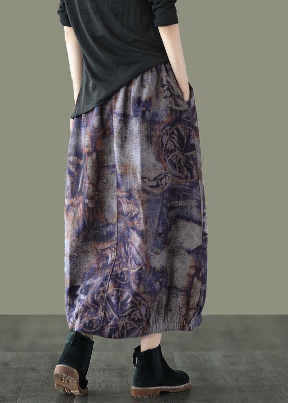 Grey Purple Retro Print a Line Pockets Fall Skirts