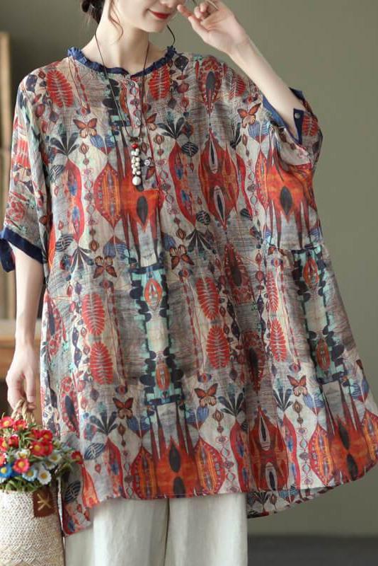 Ramie Print O-neck Loose Shirt